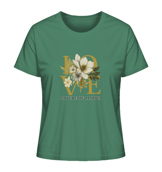 LLOOVA Elbwiese Women's Shirt with Floral Details

Organic Cotton T-Shirt Inspired by Northern German Nature

Organic T-Shirt with a LOVE Print and Golden Lines

Sustainable Fashion from Hamburg – Elbwiese Collection
